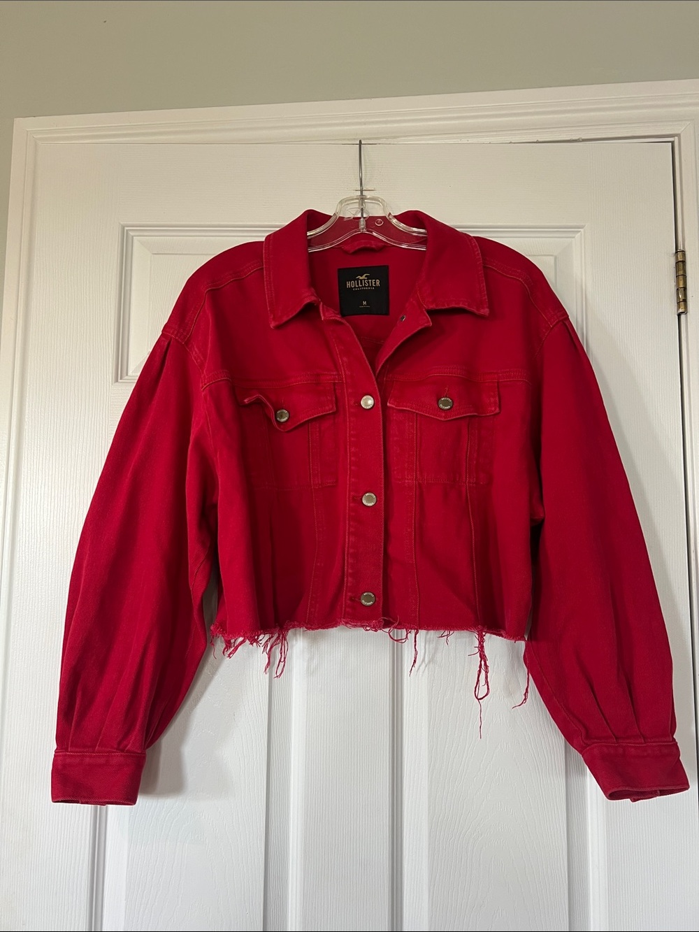 Hollister Bright Red Cropped Denim Jacket